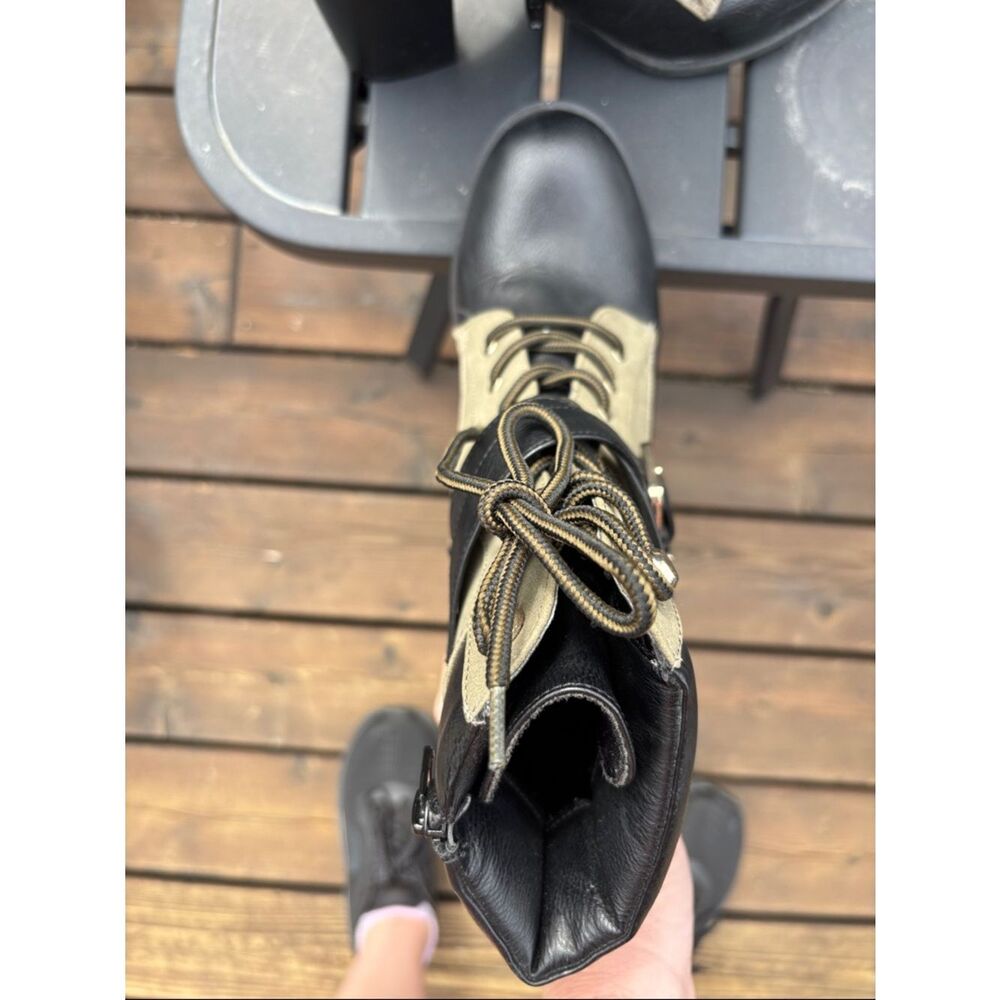 Women’s Lace-Up Ankle Boots with Buckle Strap - Black & Tan - Picture 4 of 11